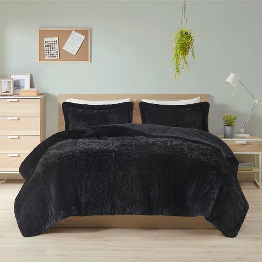 Juego de edredón de 3 piezas de piel sintética sherpa suave negra King/CAL King con fundas de almohada