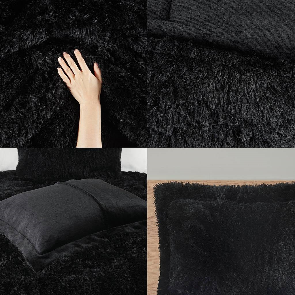 Juego de edredón de 3 piezas de piel sintética sherpa suave negra King/CAL King con fundas de almohada