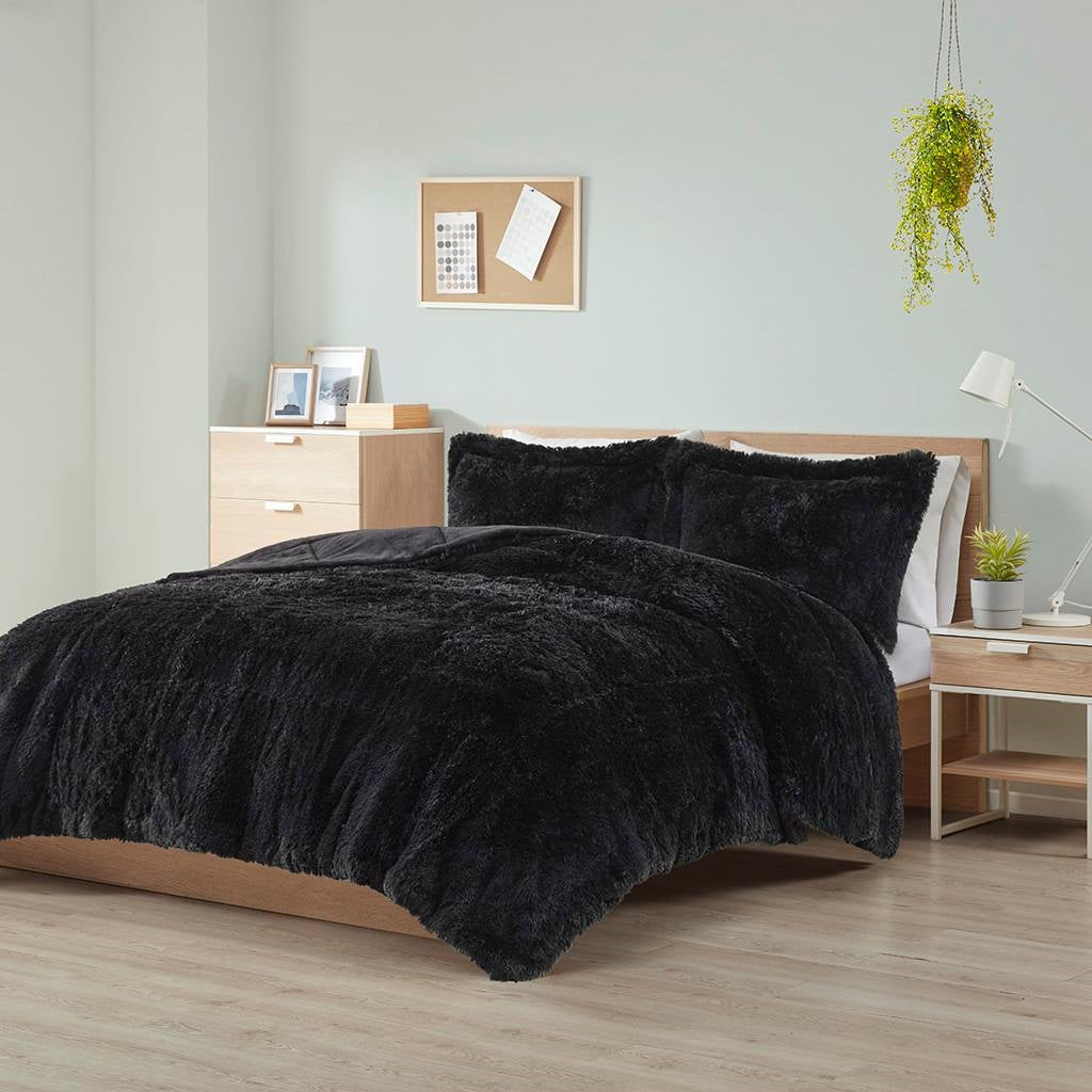 Juego de edredón de 3 piezas de piel sintética sherpa suave negra King/CAL King con fundas de almohada