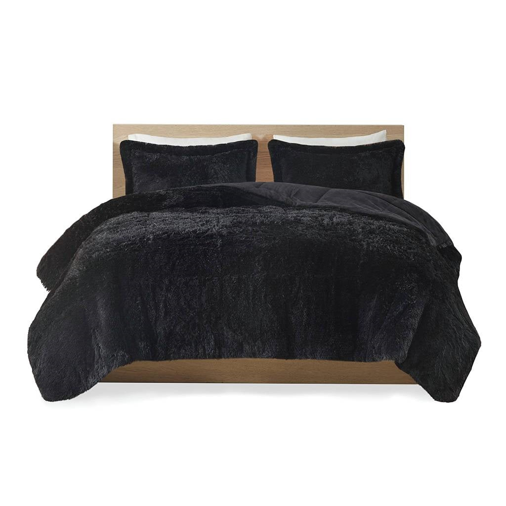 Juego de edredón de 3 piezas de piel sintética sherpa suave negra King/CAL King con fundas de almohada