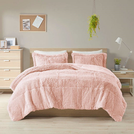 Juego de edredón de 3 piezas King/Cal King de piel sintética sherpa suave color rosa rubor con fundas