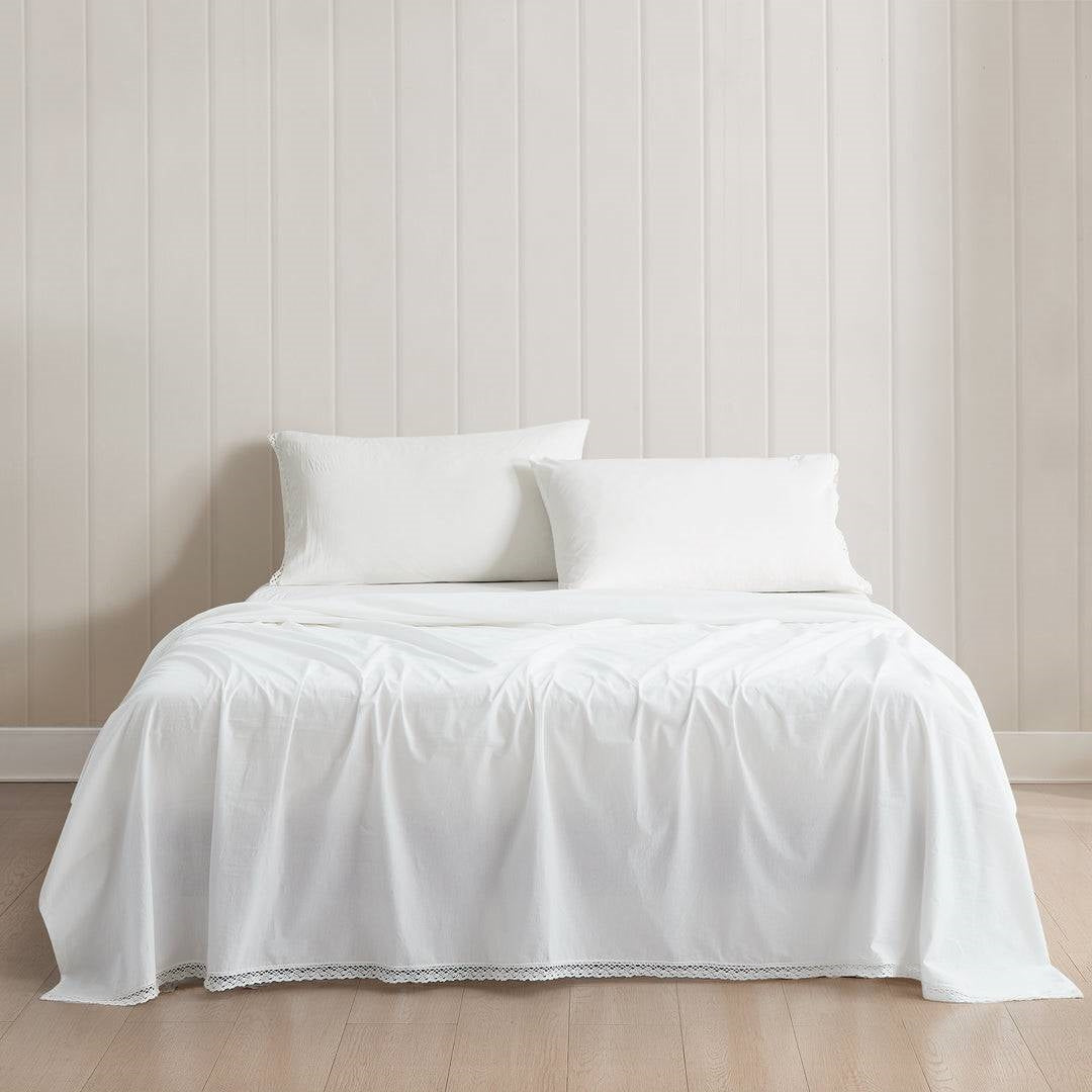 Juego de sábanas King Size de 4 piezas 100 % algodón en blanco con encaje