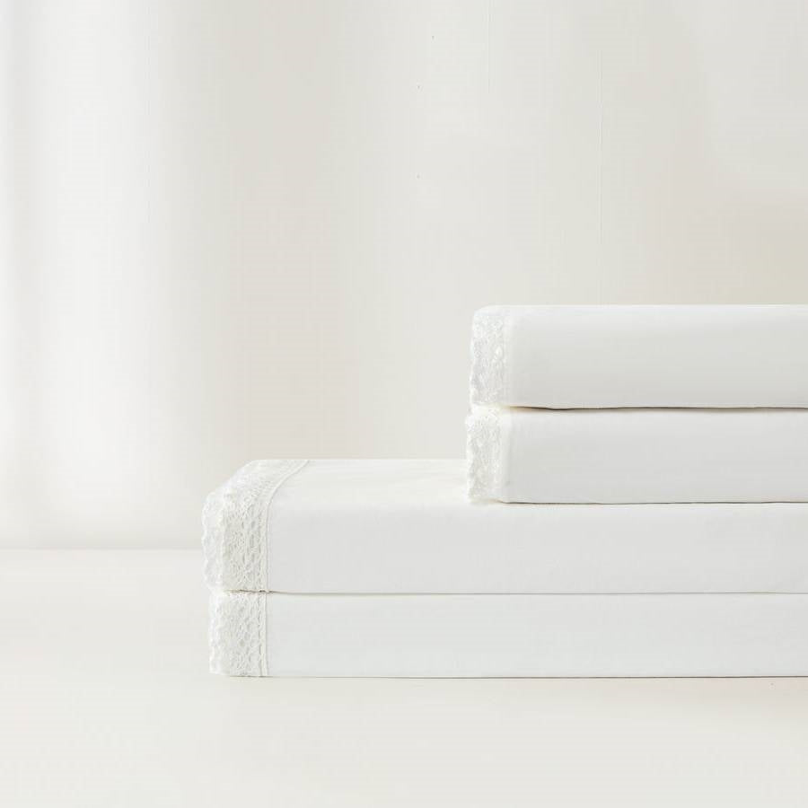 Juego de sábanas King Size de 4 piezas 100 % algodón en blanco con encaje