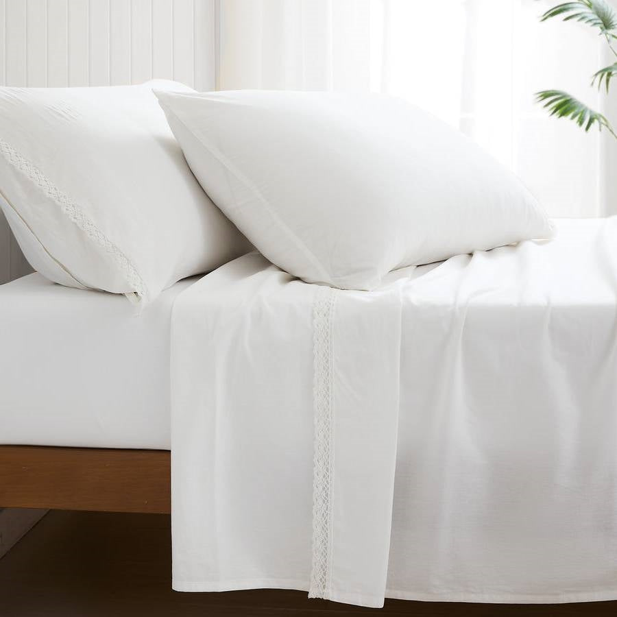 Juego de sábanas King Size de 4 piezas 100 % algodón en blanco con encaje