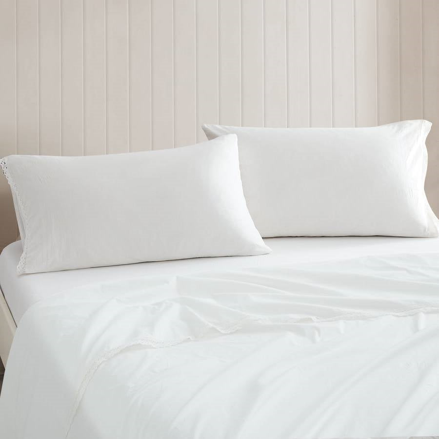 Juego de sábanas King Size de 4 piezas 100 % algodón en blanco con encaje