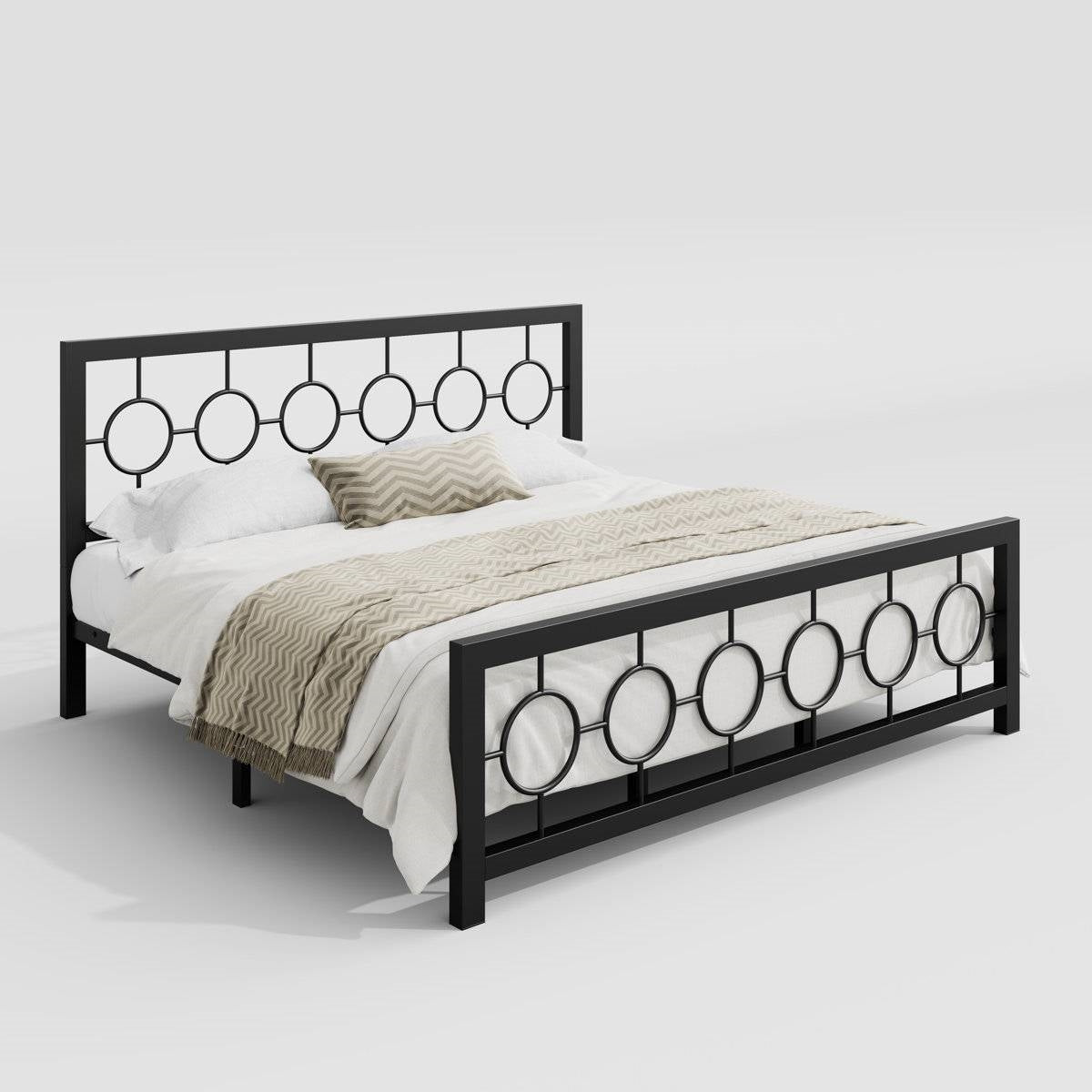 Base de cama de plataforma King Black Metal con cabecero y pie de cama con medallón circular