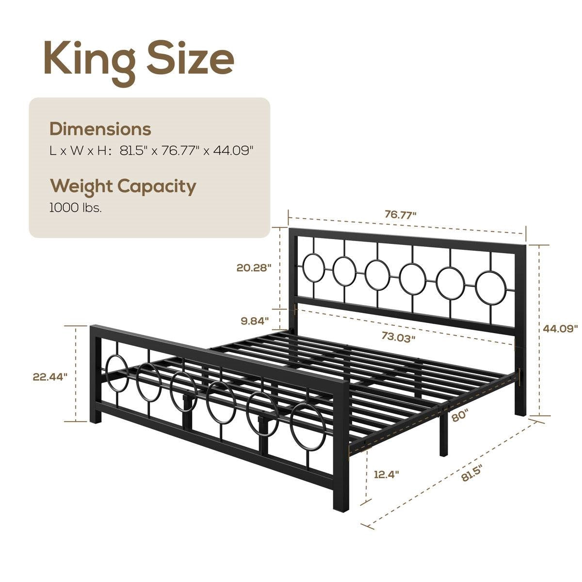 Base de cama de plataforma King Black Metal con cabecero y pie de cama con medallón circular