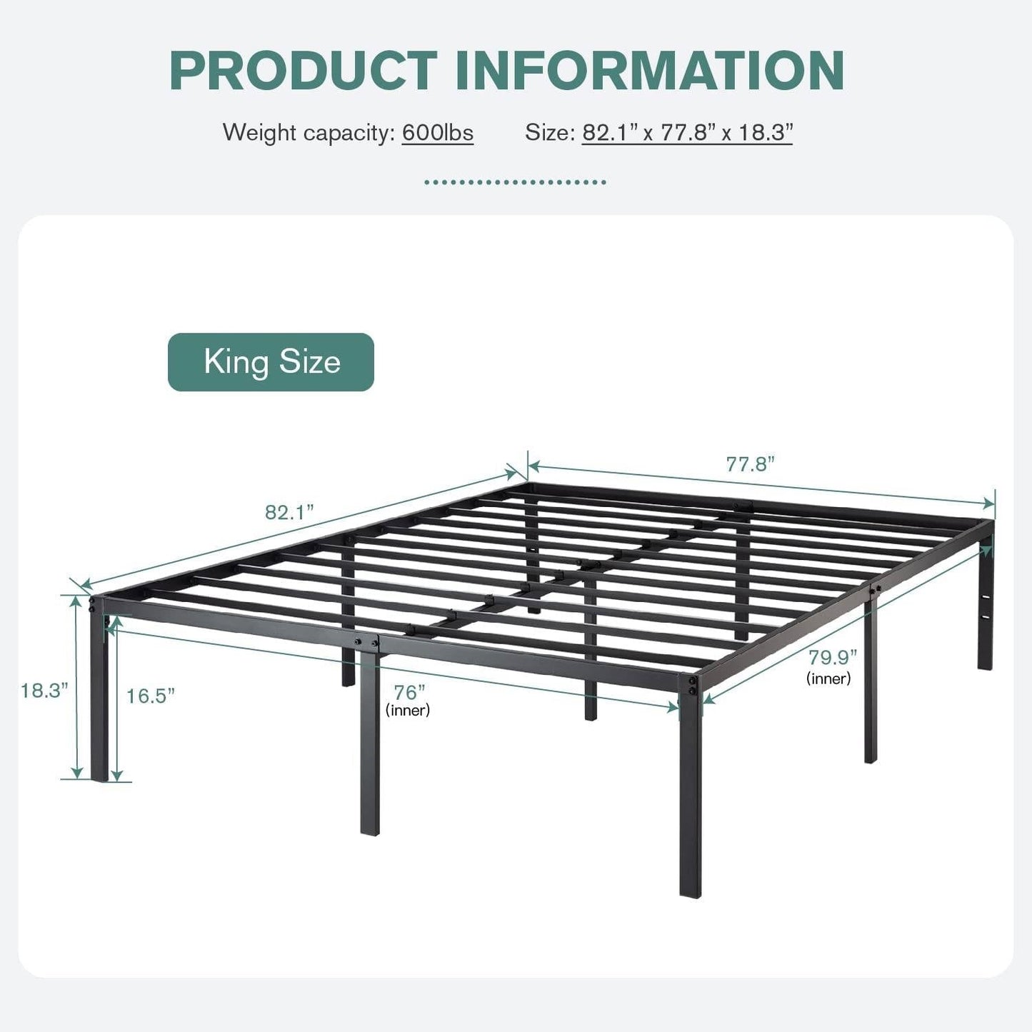 Base de cama King de plataforma de metal de 18 pulgadas con espacio de almacenamiento debajo de la cama