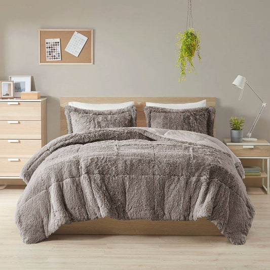 Juego de edredón de 3 piezas de sherpa suave de piel sintética gris para cama King/California King con fundas de almohada