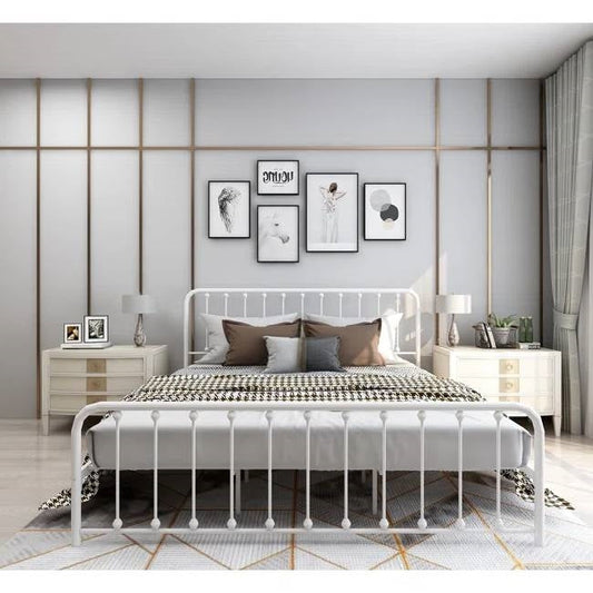 Marco de cama de plataforma King de metal blanco con cabecera y pie de cama de esquinas redondeadas