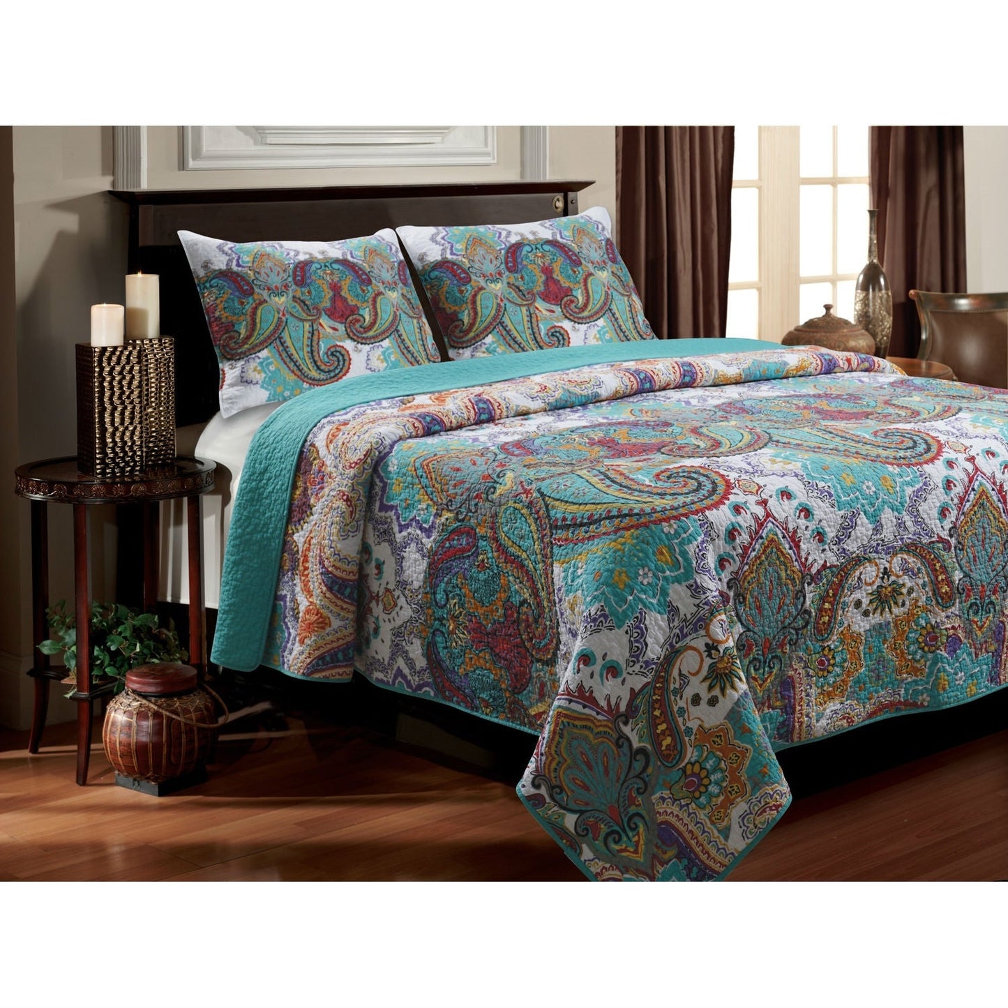 Juego de colcha King size 100 % algodón con estampado de cachemir verde azulado - Preencogida