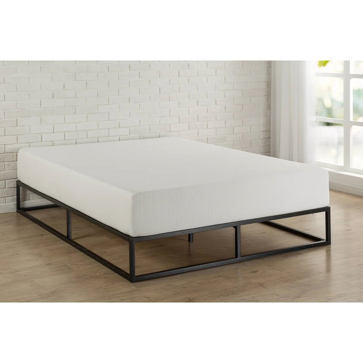 Base de cama con plataforma de metal y listones de madera, moderna, perfil bajo, 25,4 cm, tamaño King