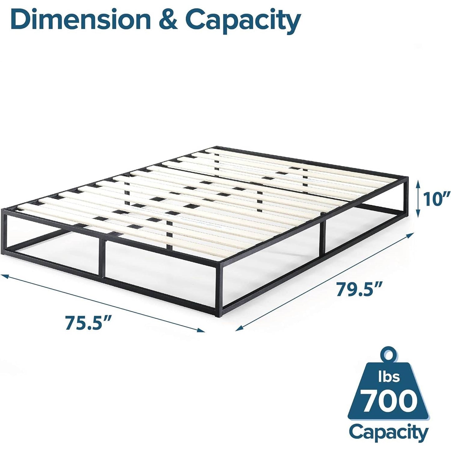Base de cama con plataforma de metal y listones de madera, moderna, perfil bajo, 25,4 cm, tamaño King