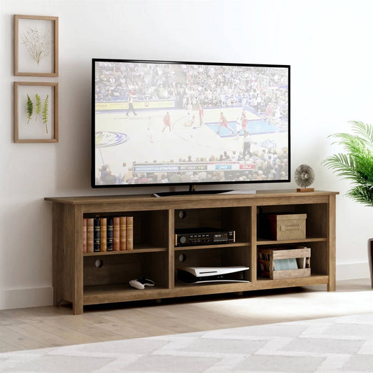 Mueble de TV estilo casa de campo con 6 compartimentos de almacenamiento en acabado de madera de roble marrón