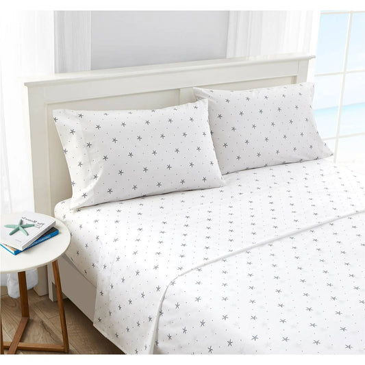 Juego de sábanas King Size de algodón 100%, diseño de estrellas de mar, colores blanco, azul marino y rojo, estilo costero