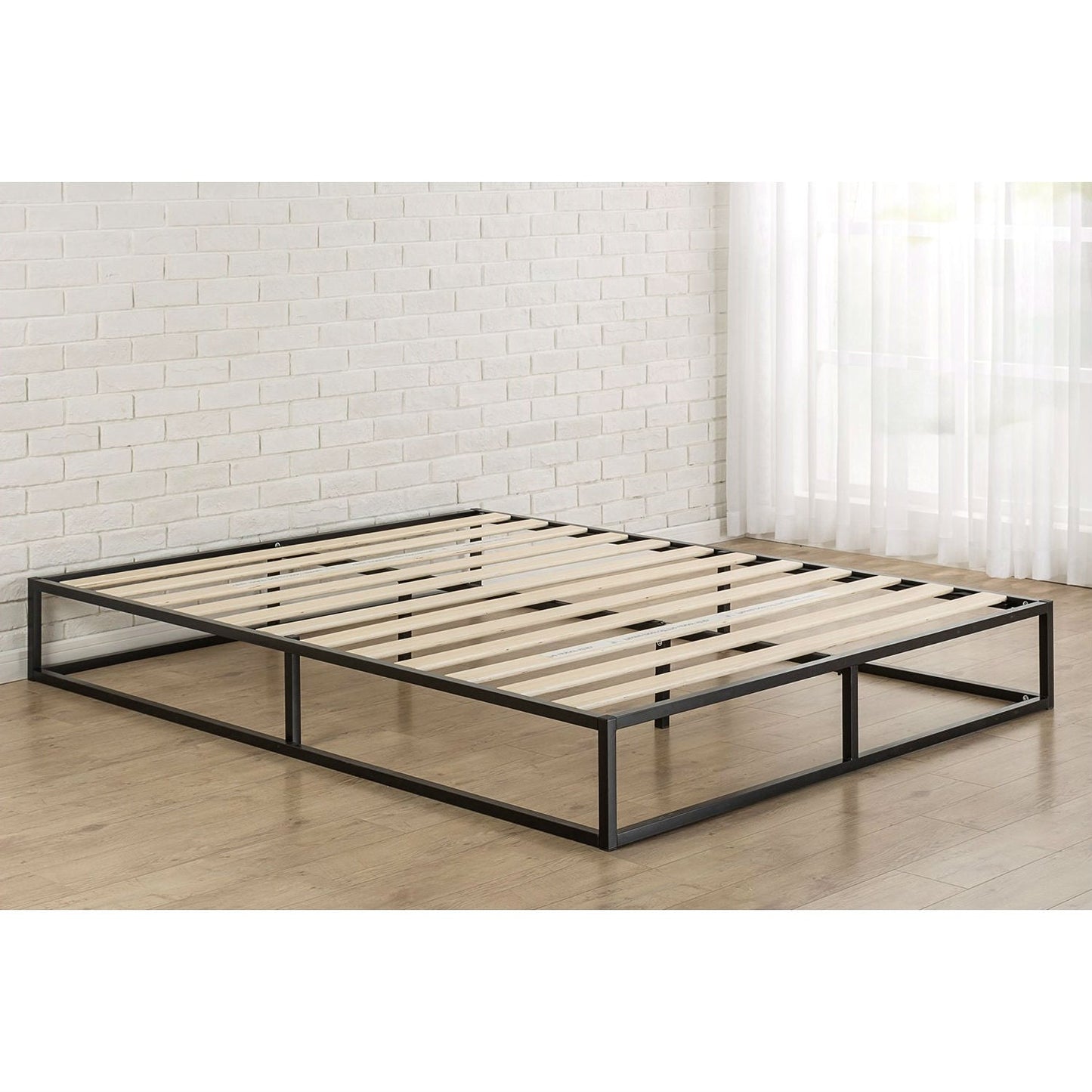 Base de cama plataforma de metal de perfil bajo moderna tamaño King de 10 pulgadas con tablillas de madera