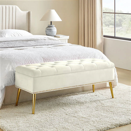Banco de almacenamiento para cama Mid-Century Modern con asiento de terciopelo color marfil y patas doradas