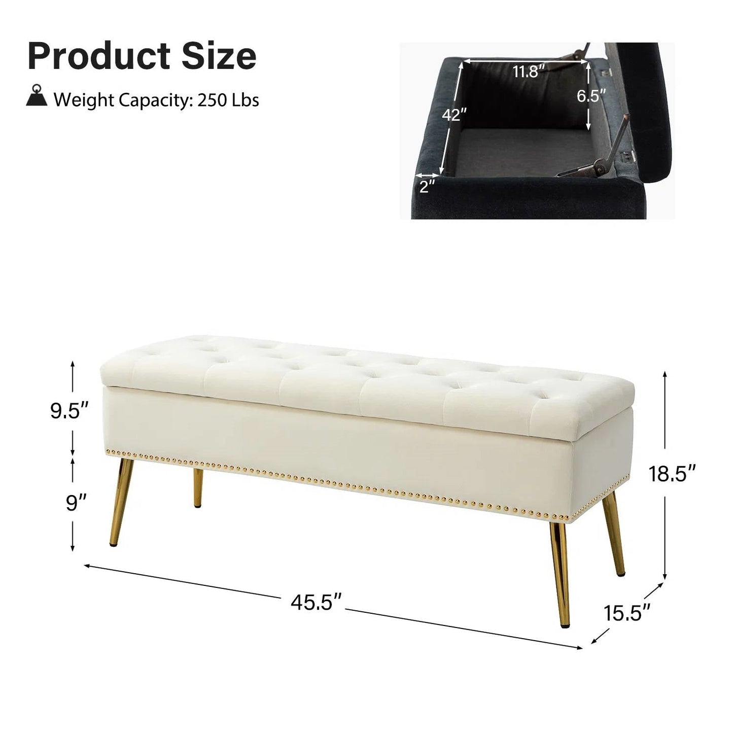 Banco de almacenamiento para cama Mid-Century Modern con asiento de terciopelo color marfil y patas doradas