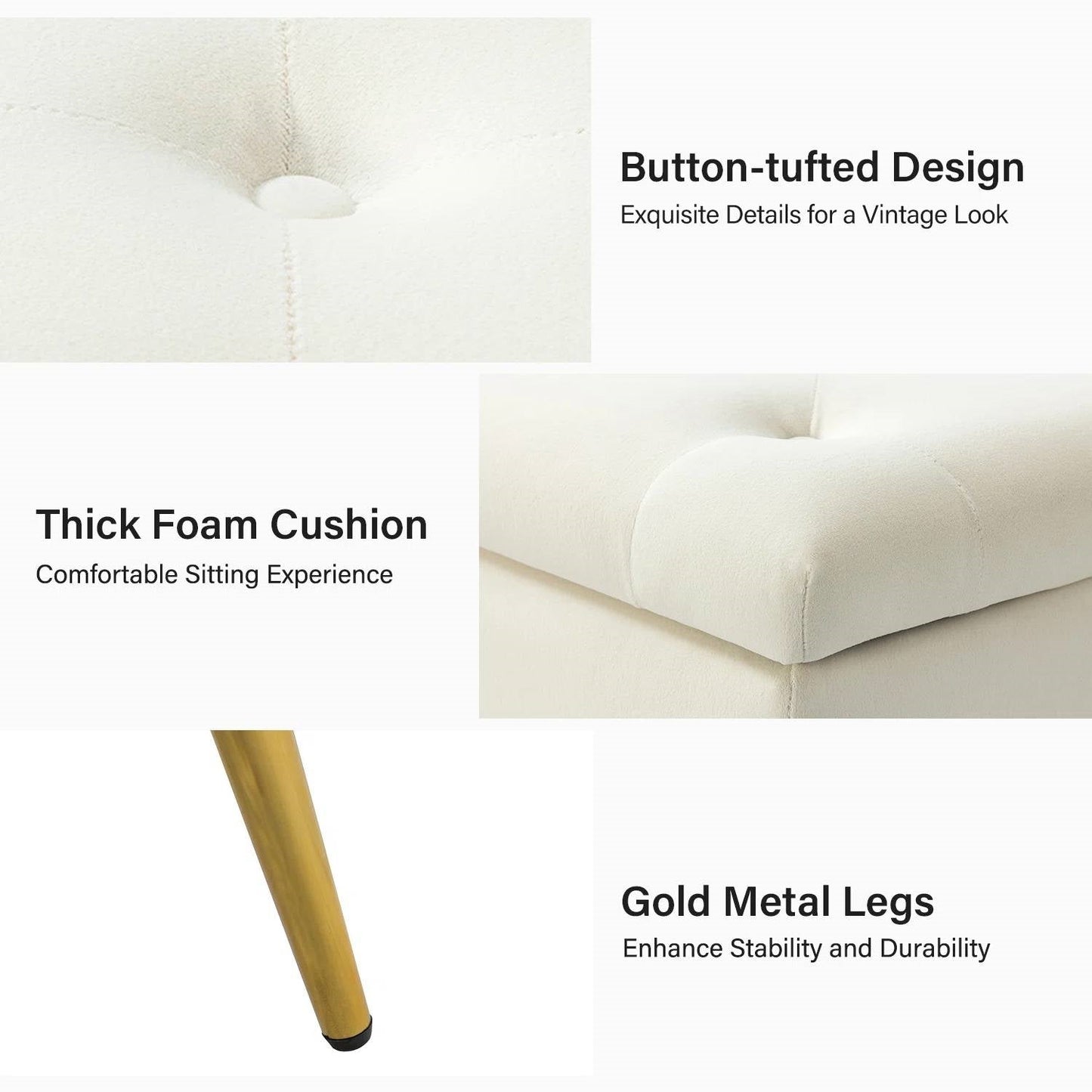 Banco de almacenamiento para cama Mid-Century Modern con asiento de terciopelo color marfil y patas doradas