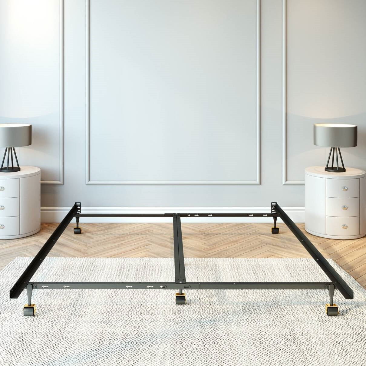 Base de cama de metal de 7 patas de alta resistencia tamaño King con ruedas con bloqueo para alfombras