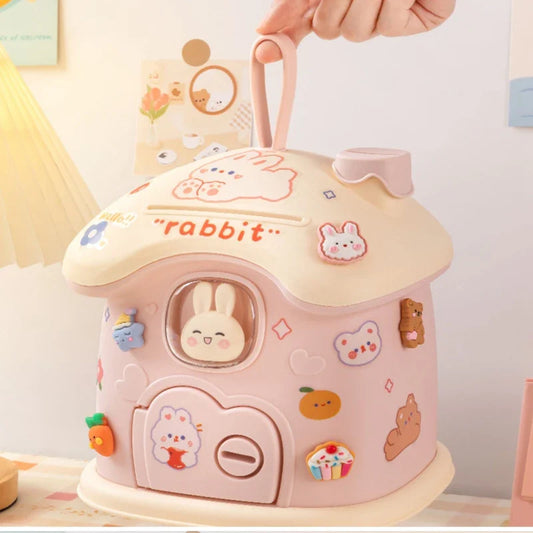 Hucha con forma de casa y conejito adorable