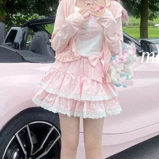 Falda con volantes rosa de lunares