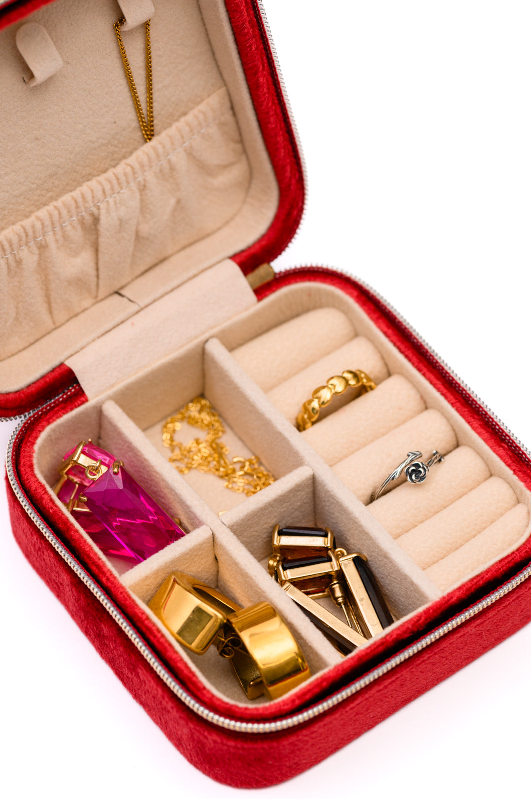 Caja de Terciopelo Roja para Joyas, con Asa