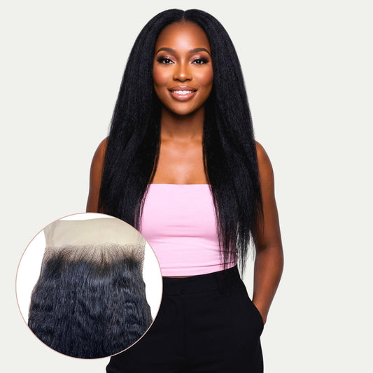 Cierre de encaje transparente de 4x4 de cabello humano lacio con textura afro