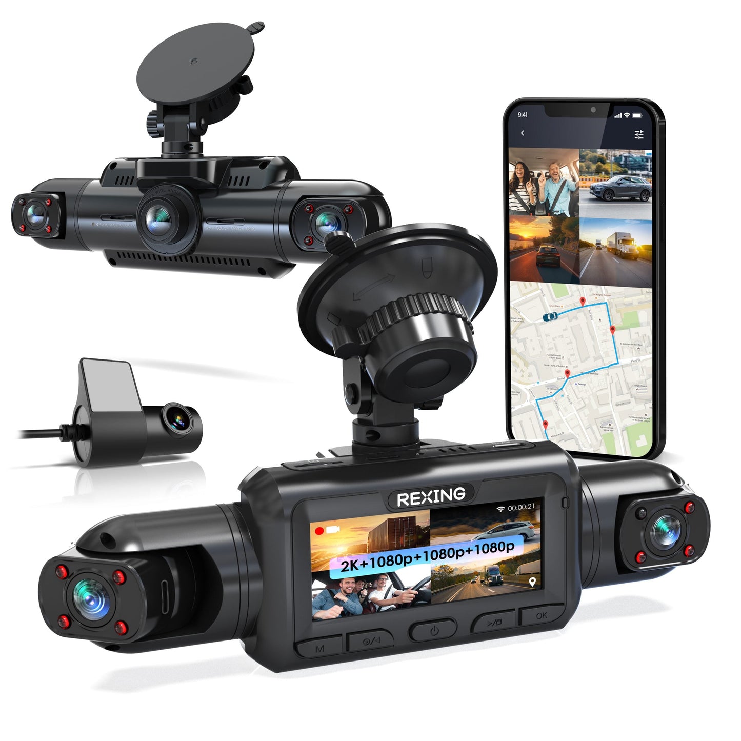 Cámaras para salpicadero de 4 canales Rexing Serie L4 con ángulo ultra amplio, Wi-Fi, visión nocturna y GPS, control por aplicación, grabación en bucle, sensor de colisión
