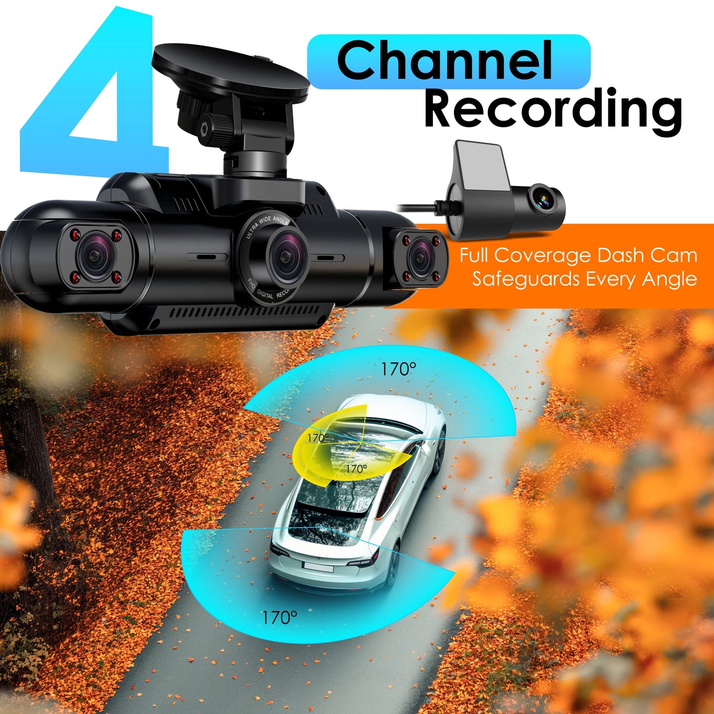 Cámaras para salpicadero de 4 canales Rexing Serie L4 con ángulo ultra amplio, Wi-Fi, visión nocturna y GPS, control por aplicación, grabación en bucle, sensor de colisión