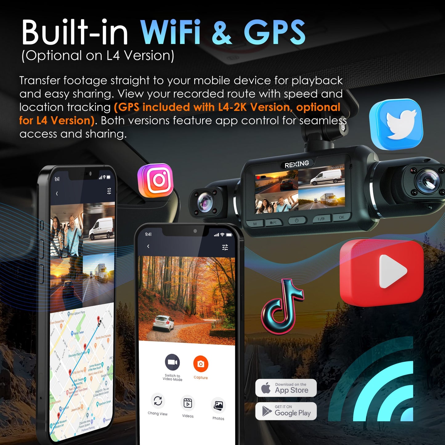 Cámaras para salpicadero de 4 canales Rexing Serie L4 con ángulo ultra amplio, Wi-Fi, visión nocturna y GPS, control por aplicación, grabación en bucle, sensor de colisión
