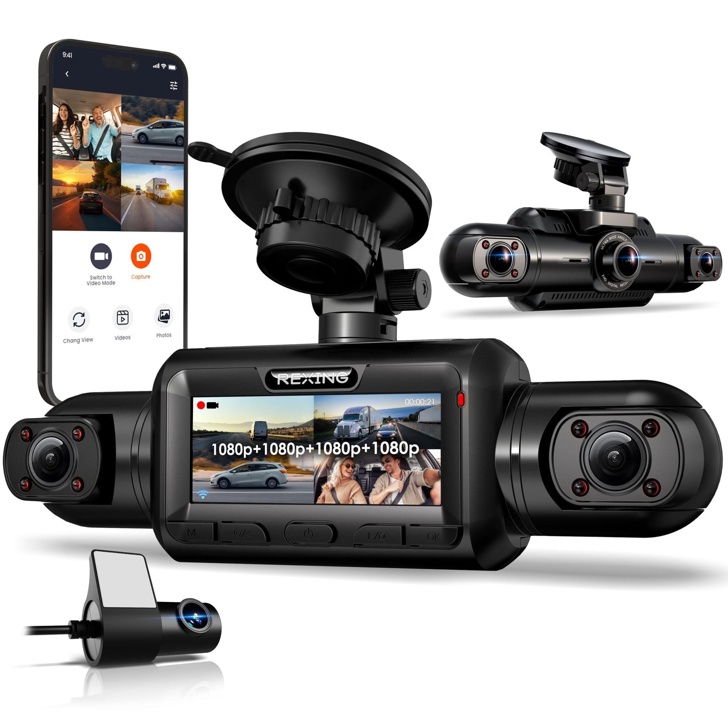 Cámaras para salpicadero de 4 canales Rexing Serie L4 con ángulo ultra amplio, Wi-Fi, visión nocturna y GPS, control por aplicación, grabación en bucle, sensor de colisión