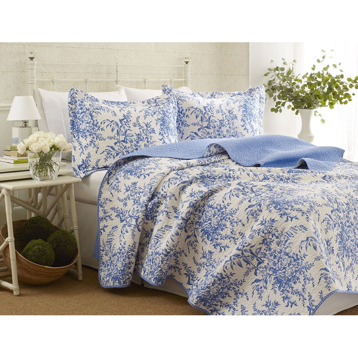 Juego de colcha King de algodón 100% con estampado floral de hojas azules y blancas