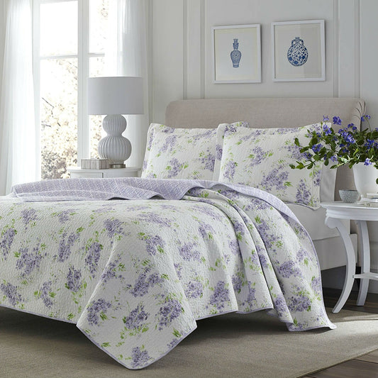 Juego de edredón de algodón de 3 piezas tamaño Full / Queen con patrón floral blanco y morado