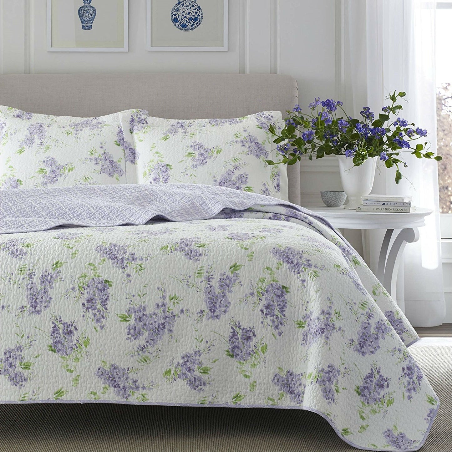 Juego de edredón de algodón de 3 piezas tamaño Full / Queen con patrón floral blanco y morado