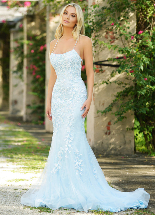 The Dutchess Gown - Light Blue - Floral Lace Dress With Straight Neckline - FINAL SALE