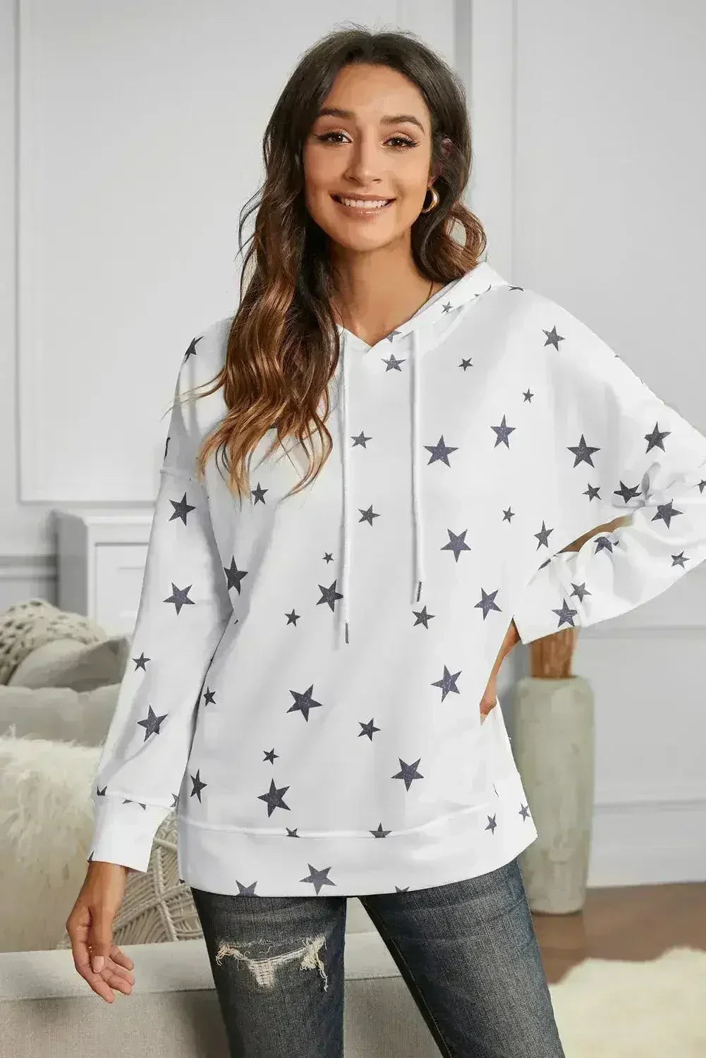 Women's Side Slits White Star Print Hoodie