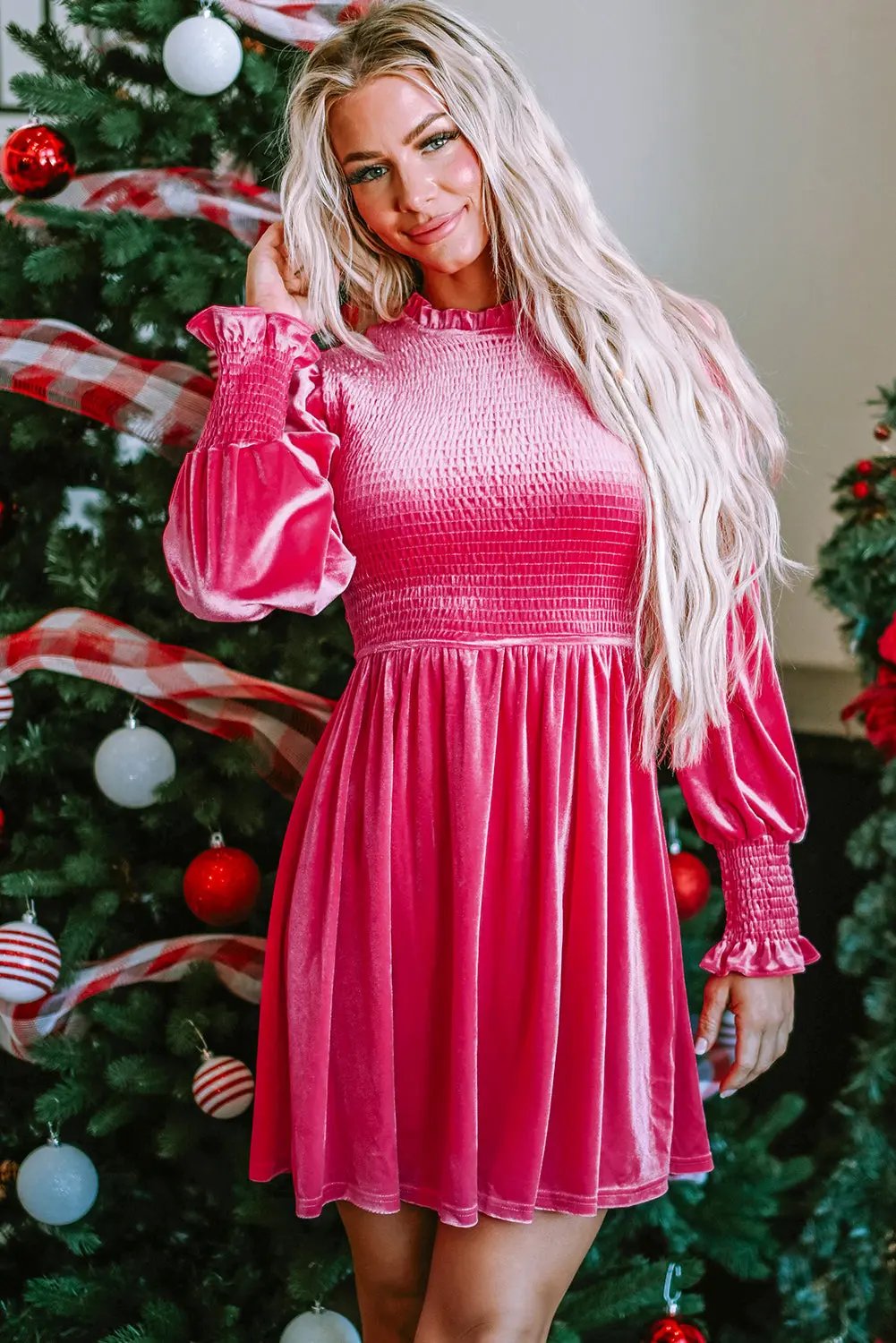 Women's Dress Dress - Pink Velvet Smocked - Southern Belle A-Line