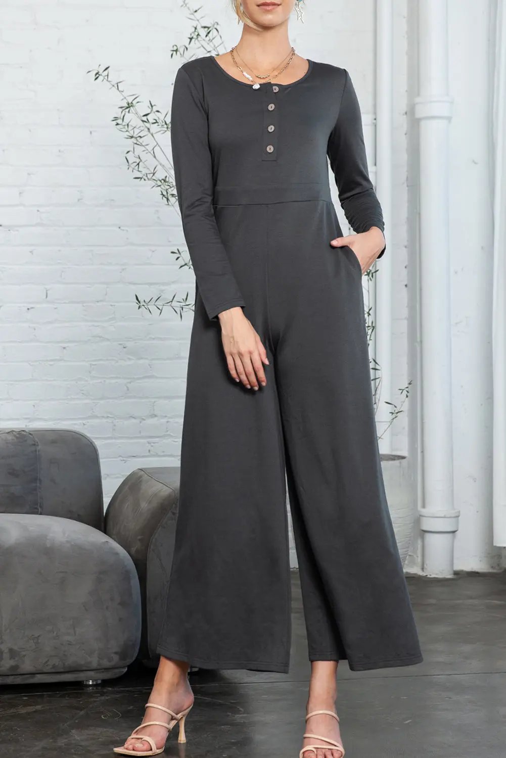 Women's Jumpsuit - Button-Front Long Sleeve - Wide Leg