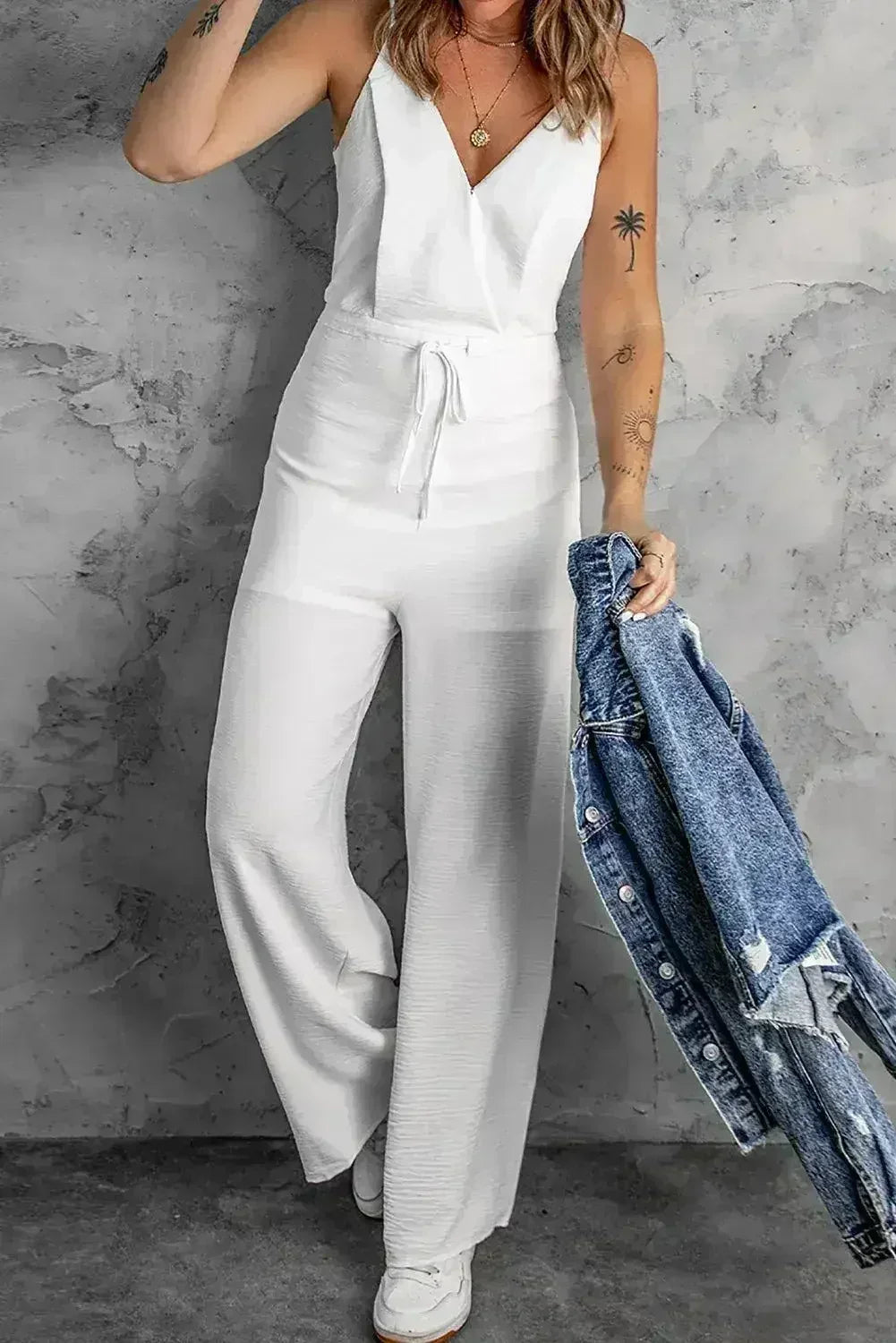 White Spaghetti Strap Wide Leg Jumpsuit