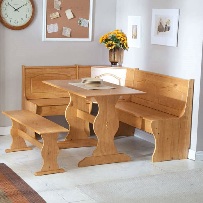Juego de comedor de esquina reversible de 3 piezas, acabado de madera natural miel claro
