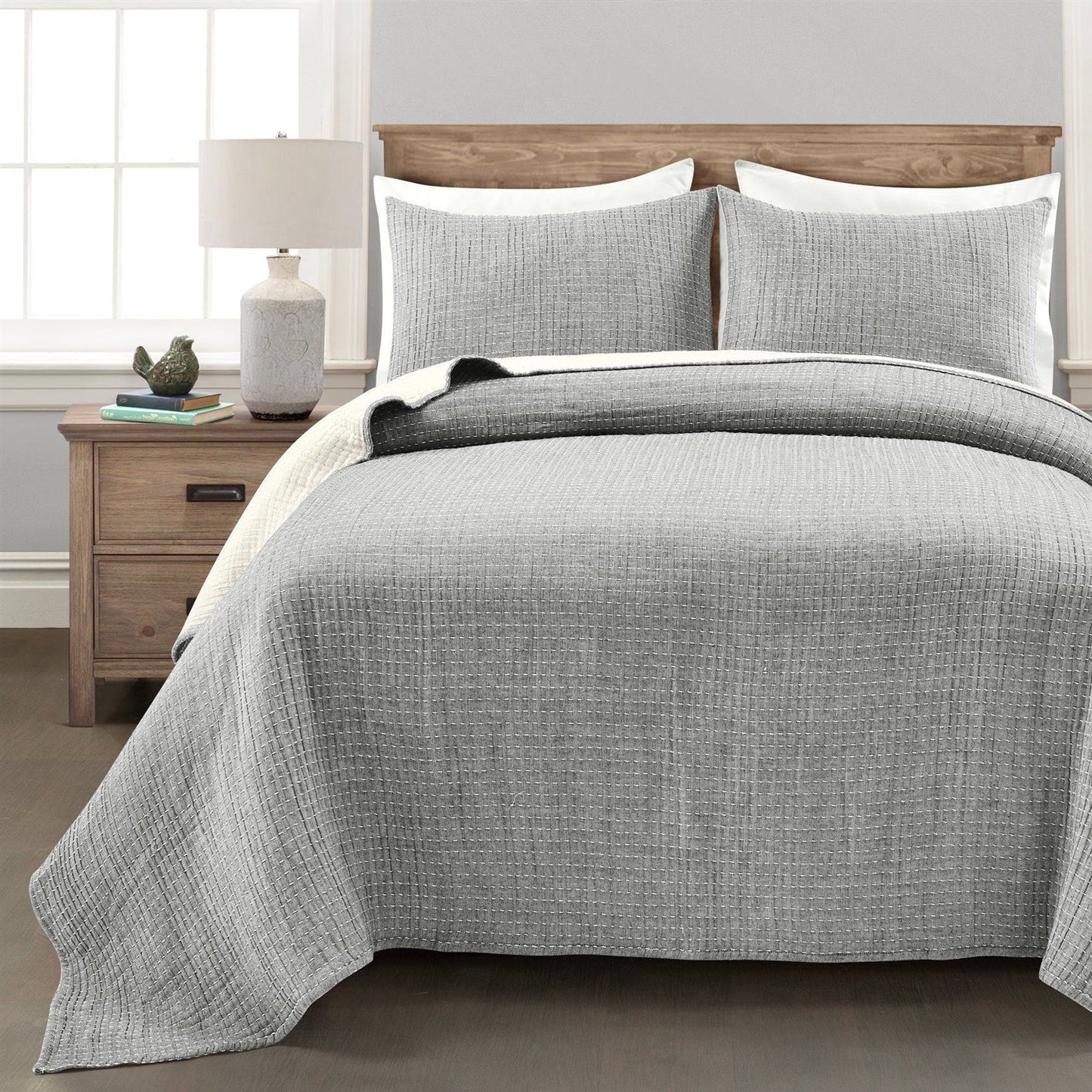 Juego de colcha reversible de algodón tejido de 3 piezas tamaño Full/Queen en gris crema
