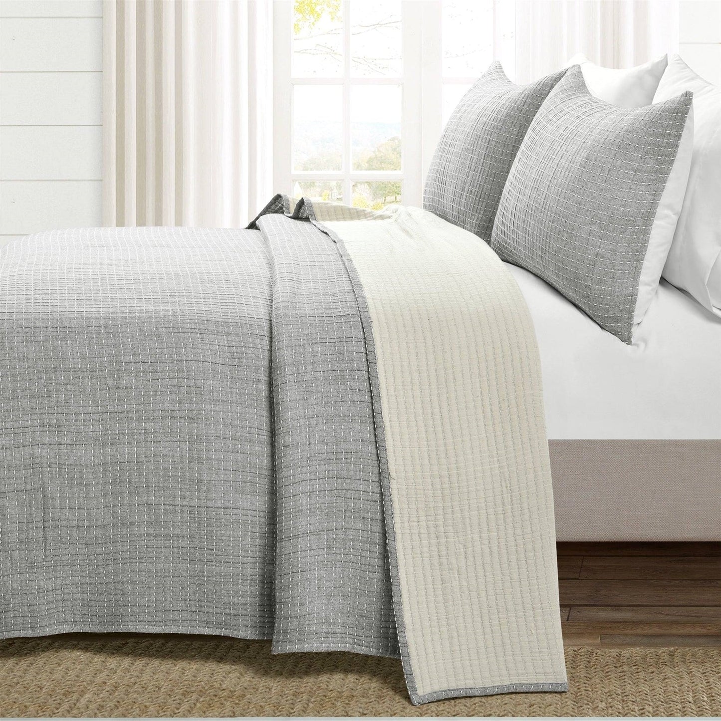 Juego de colcha reversible de algodón tejido de 3 piezas tamaño Full/Queen en gris crema