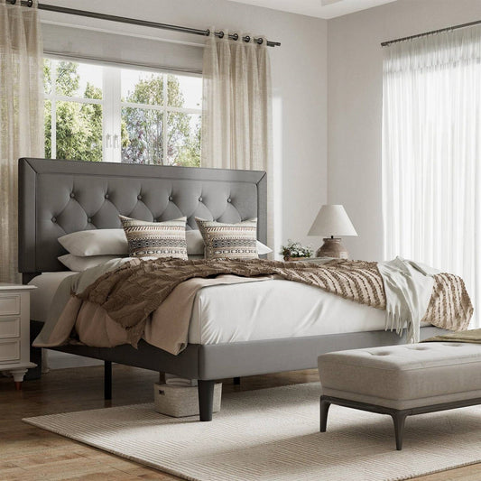Cama Queen con Plataforma Tapizada en Lino Gris con Cabecero Capitoné