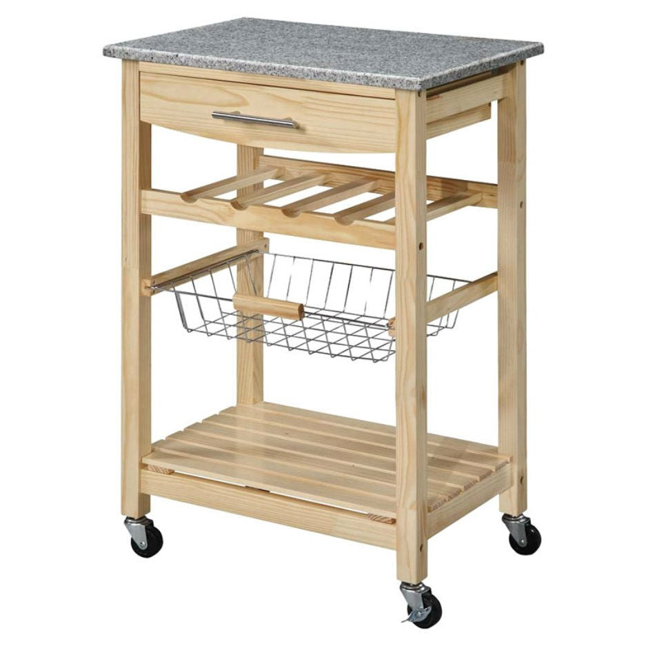 Carro de isla de cocina de madera natural con encimera de granito