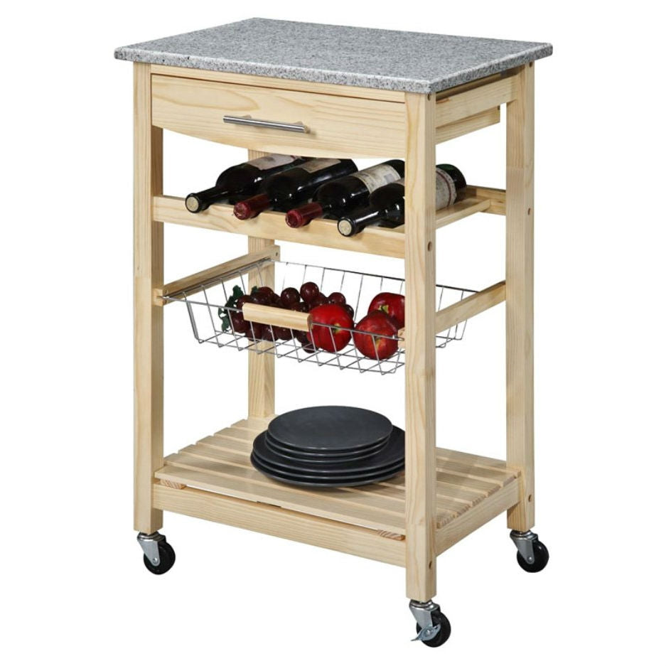 Carro de isla de cocina de madera natural con encimera de granito