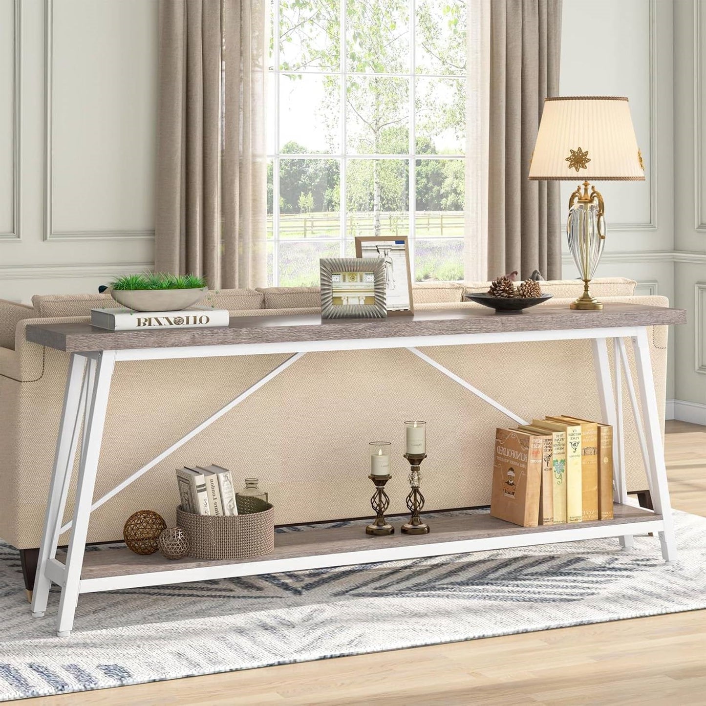 Mesa de sofá de madera gris industrial resistente de 70 pulgadas con marco de metal blanco