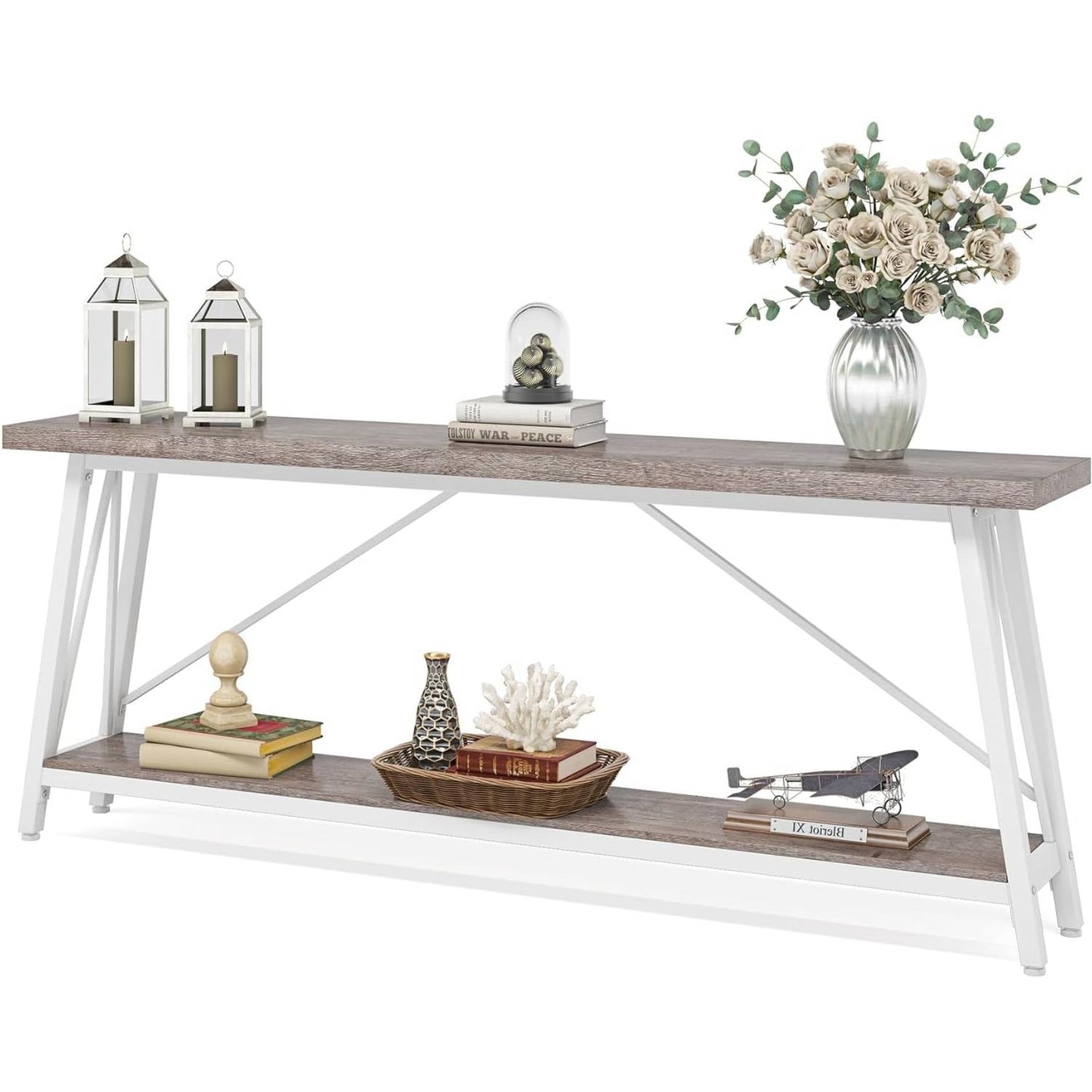 Mesa de sofá de madera gris industrial resistente de 70 pulgadas con marco de metal blanco
