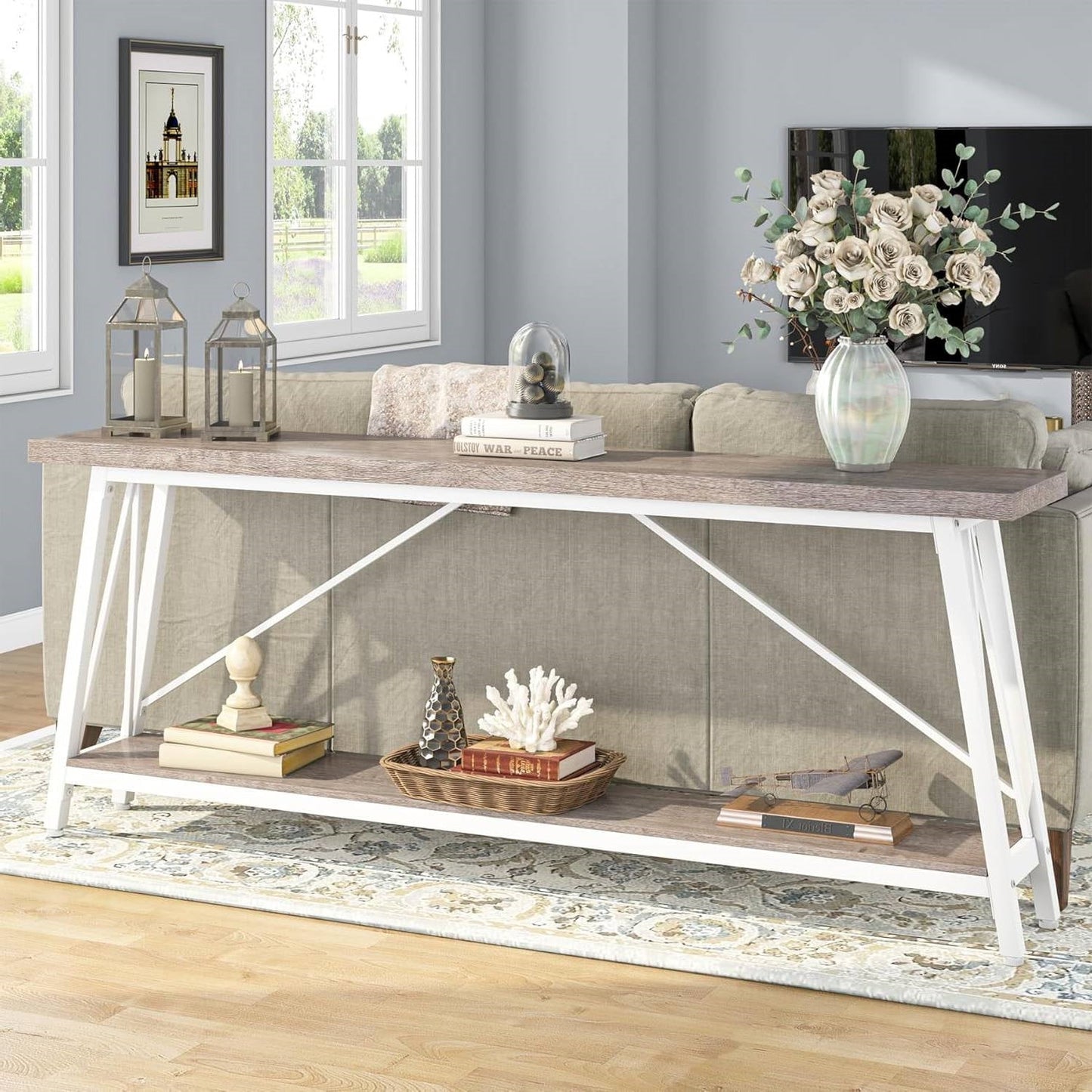 Mesa de sofá de madera gris industrial resistente de 70 pulgadas con marco de metal blanco