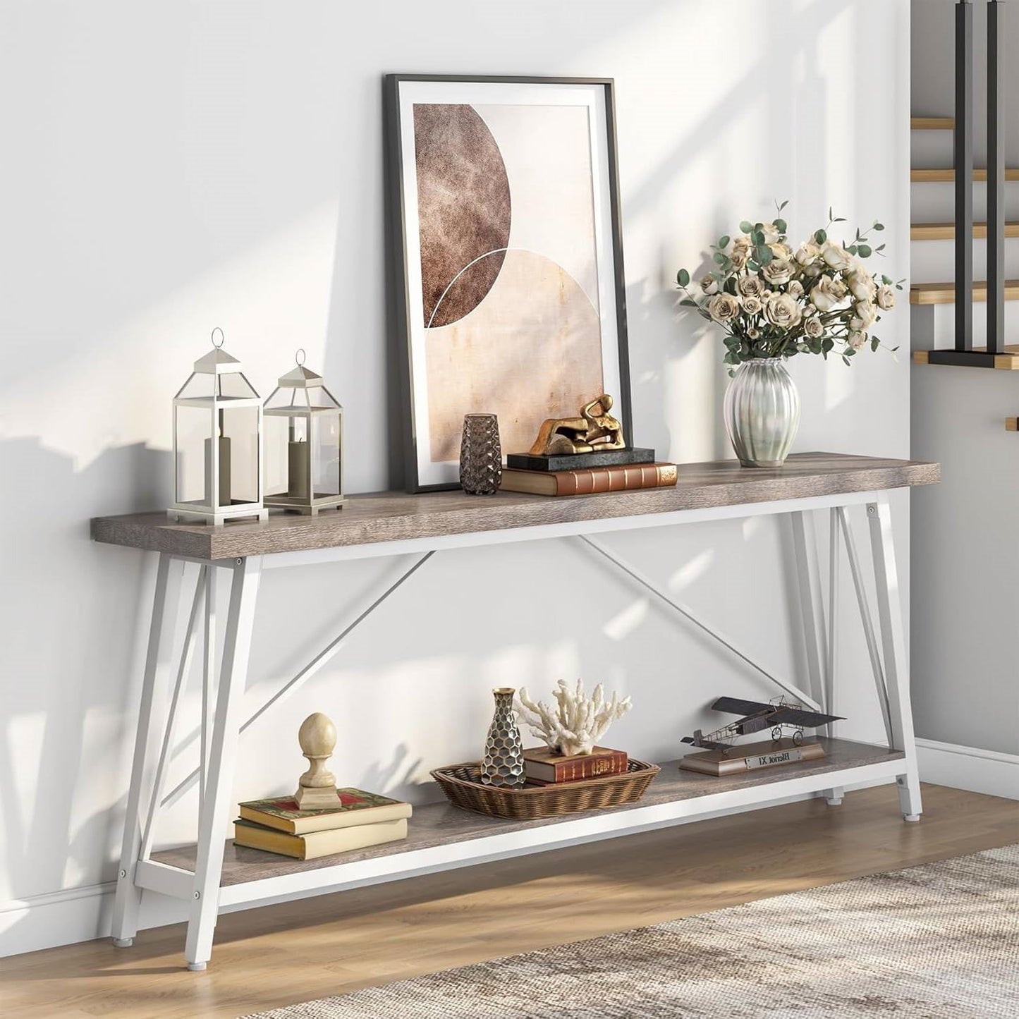 Mesa de sofá de madera gris industrial resistente de 70 pulgadas con marco de metal blanco